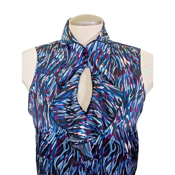 Zoe Skye Blouse Top Womens XL Ruffles Keyhole Sleeveless Blue Romantic Satiny - Picture 2 of 6